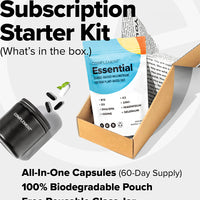 Subscription Starter Kit includes: All in one Campuseles (60-Day Supply), 100% Biodegradable Pouch, Free Reusable Glass Jar, Mint Essence