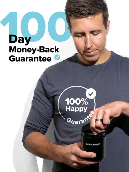 A person in a dark blue shirt holds a black container labeled Complement. Text on the image reads 100 Day Money-Back Guarantee and 100% Happy Guarantee, with checkmarks next to each phrase.