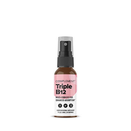 A bottle of Complement Triple B12 spray, featuring a black spray nozzle, brown bottle, and a white and pink label. The label reads Multi-Form B12 for Enhanced Absorption and indicates the product is vegan and free from gluten and soy.