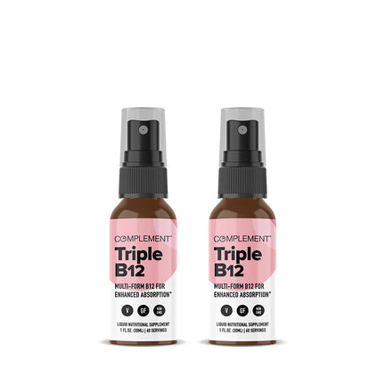 Two bottles of Complement Triple B12 spray are shown. Each bottle is labeled Multi-form B12 for Enhanced Absorption and contains a liquid nutritional supplement with 60 servings per bottle.