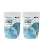 Two bags of Complement Unflavored Organic Protein powder, highlighting plant-based ingredients: 12% almond, 6% chia seed, 14% pumpkin seed, 11% sunflower seed, and 57% yellow pea. White and turquoise packaging with nutritional info.