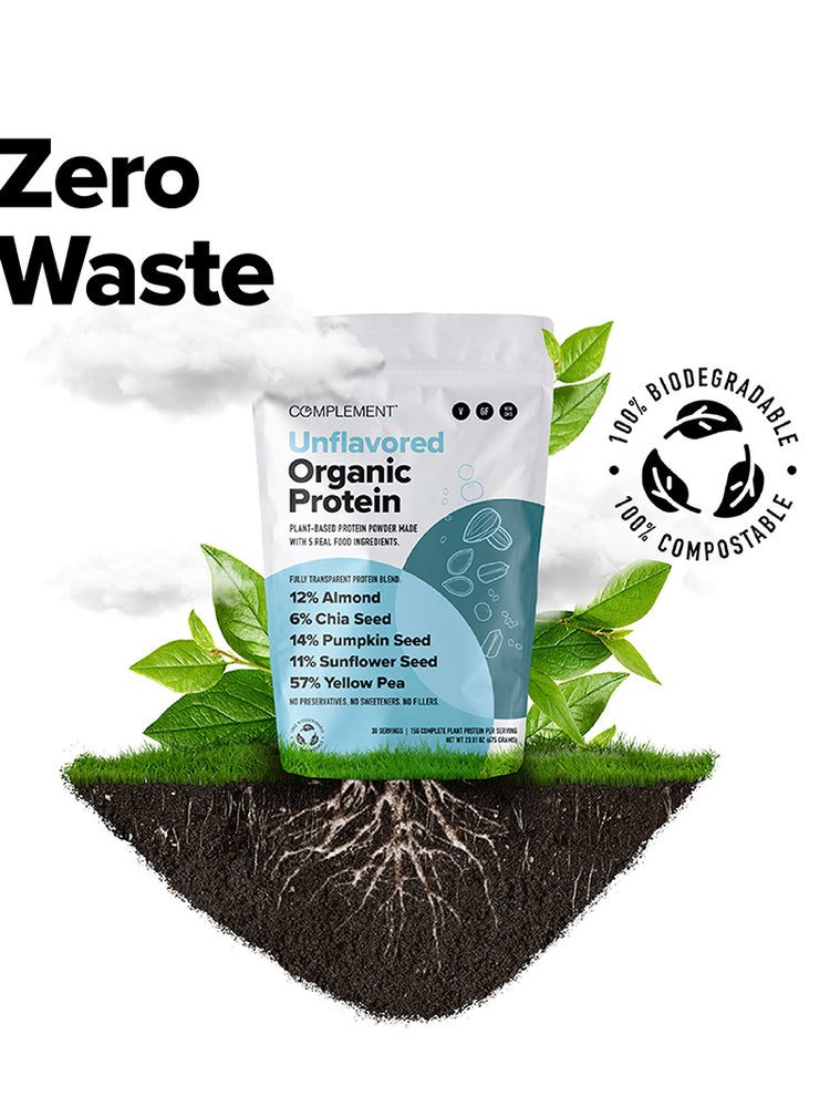 Pouch underground, with text saying Zero waste, 100% biogredable and 100% compostable.