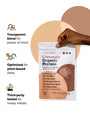 Pouch of Chocolate Organic Protein, with text: 89 calories, 15g protein, 3g net carbs, 30 servings and zero added sugar