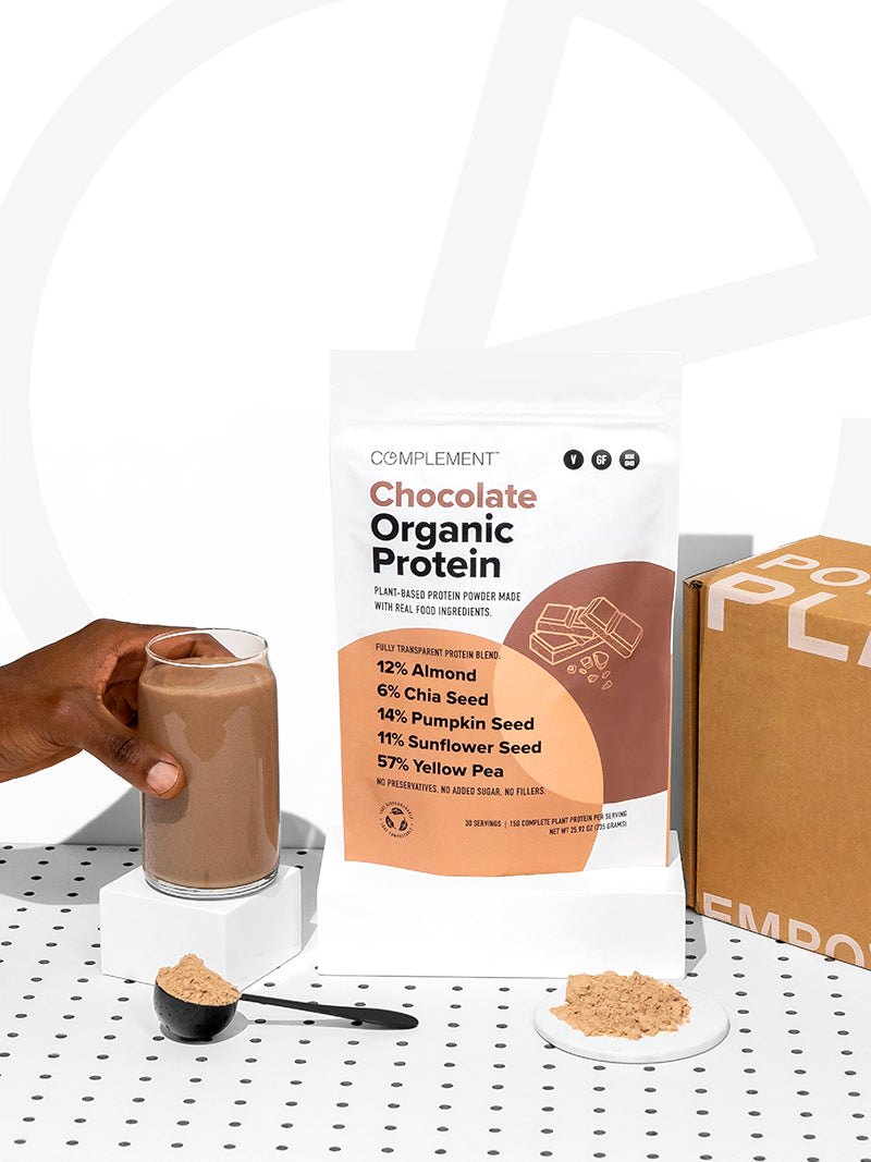 Pouch of Chocolate Organic Protein, with text: 89 calories, 15g protein, 3g net carbs, 30 servings and zero added sugar