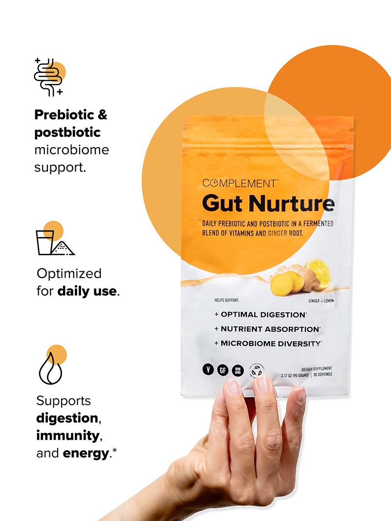 Gut Nurture Daily Prebiotic and postbiotic pouch and badge that says 30 servings.