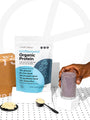 Photo of Unflavored Organic Protein, with text saying. 85 calories, 15g protein, 1g net carbs, 30 servings and zero added sugar.