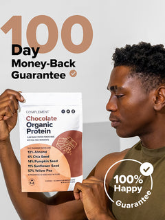 Pouch of Chocolate Organic Protein, with text: 89 calories, 15g protein, 3g net carbs, 30 servings and zero added sugar