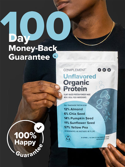Photo of Unflavored Organic Protein, with text saying. 85 calories, 15g protein, 1g net carbs, 30 servings and zero added sugar.